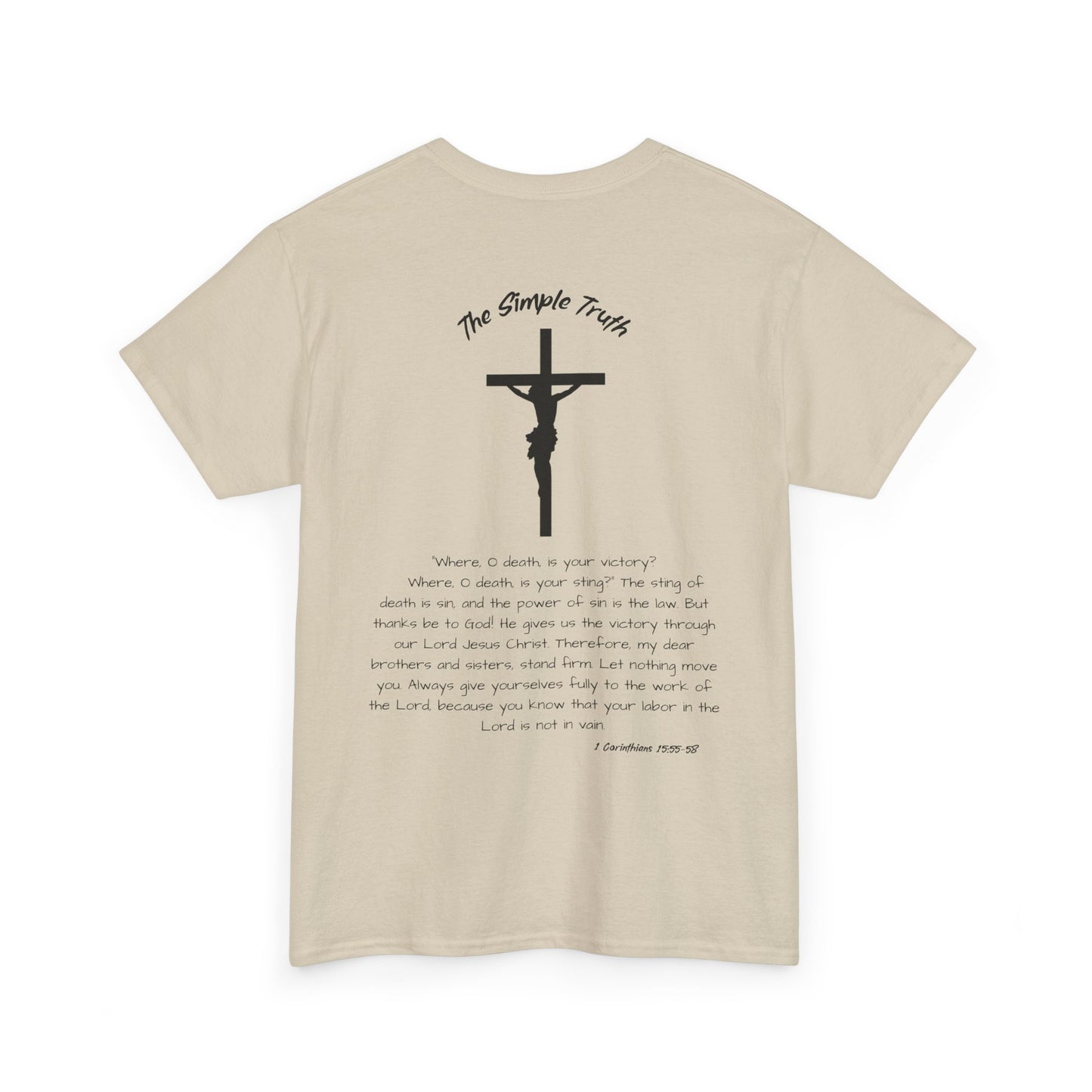 1 Corinthians 15:55-58 Black Print Bible Verse Unisex Heavy Cotton Shirt - From "The Simple Truth" Collection