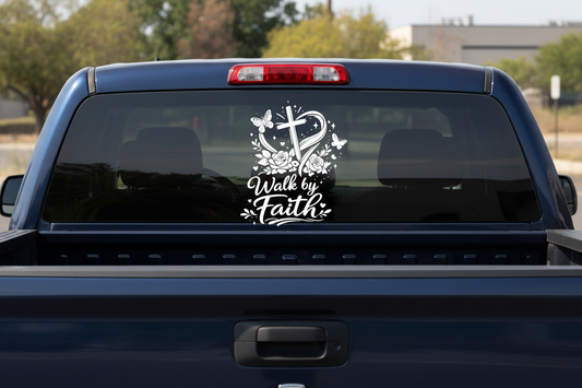 Walk by Faith white vinyl decal on pickup truck back window
