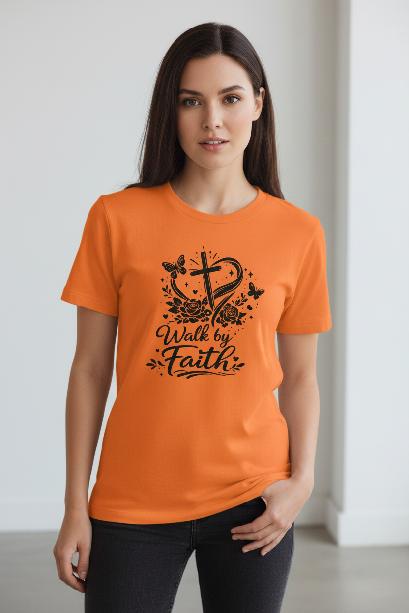 Walk by Faith Gildan 5000 t-shirt in Safety Orange with black HTV decal - cross heart roses butterflies