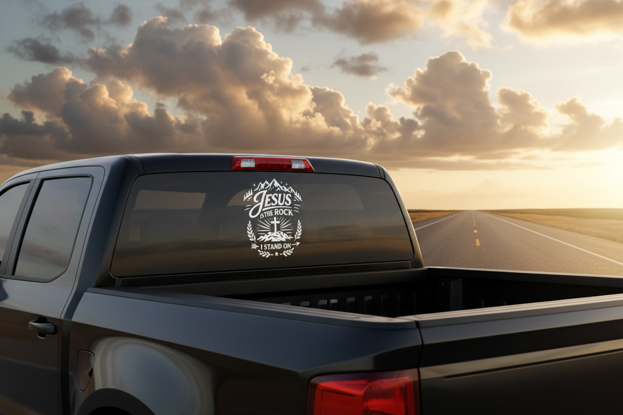 Jesus Is The Rock I Stand On white vinyl decal on rear window of matte black pickup truck