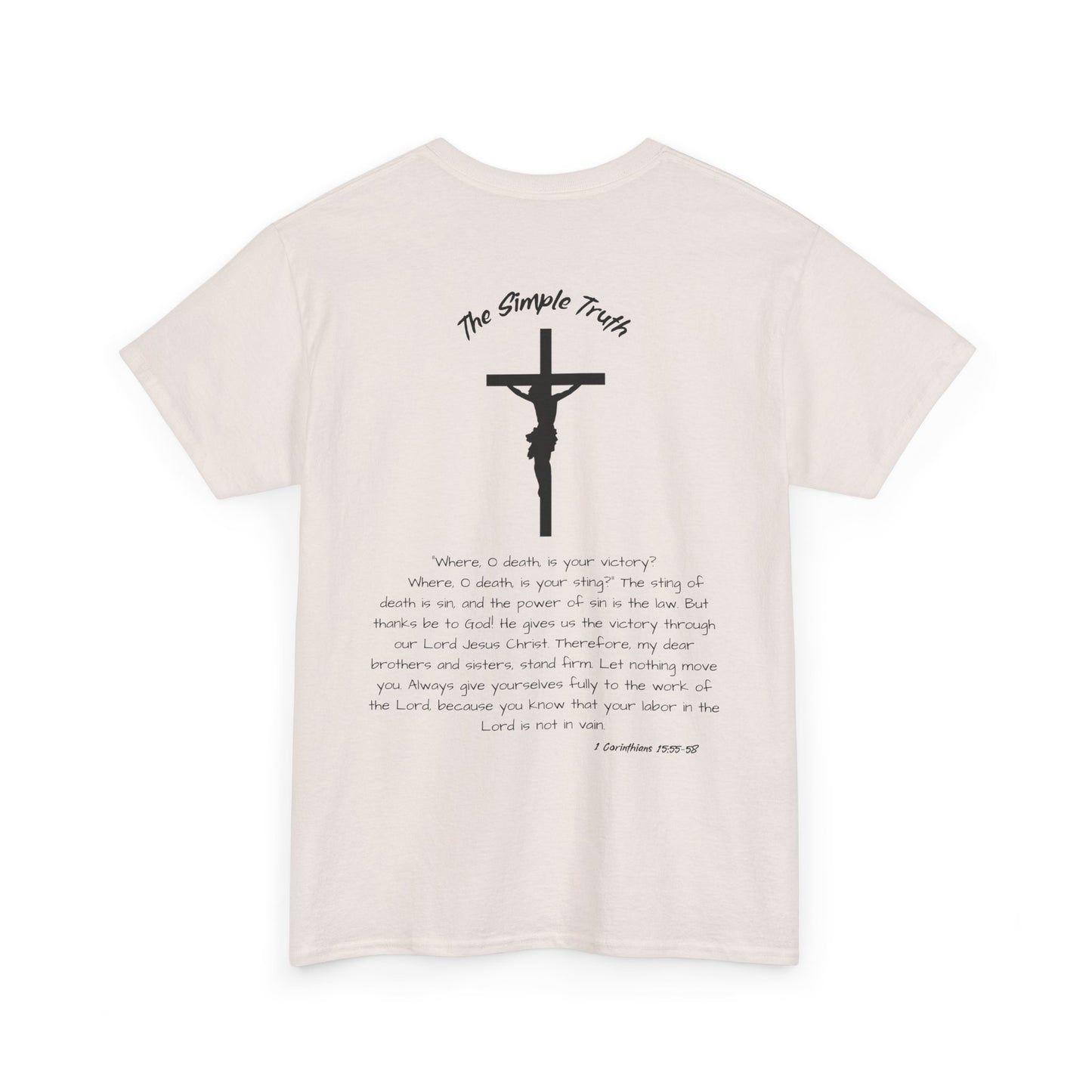 1 Corinthians 15:55-58 Black Print Bible Verse Unisex Heavy Cotton Shirt - From "The Simple Truth" Collection