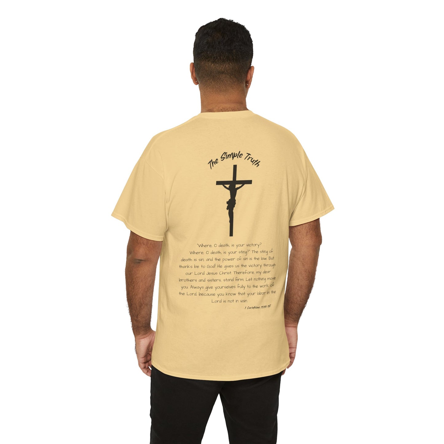 1 Corinthians 15:55-58 Black Print Bible Verse Unisex Heavy Cotton Shirt - From "The Simple Truth" Collection