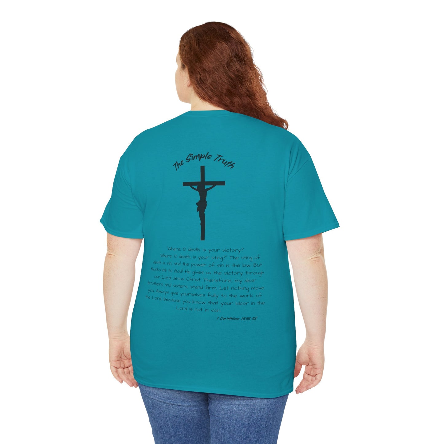 1 Corinthians 15:55-58 Black Print Bible Verse Unisex Heavy Cotton T-Shirt  - From "The Simple Truth" Collection