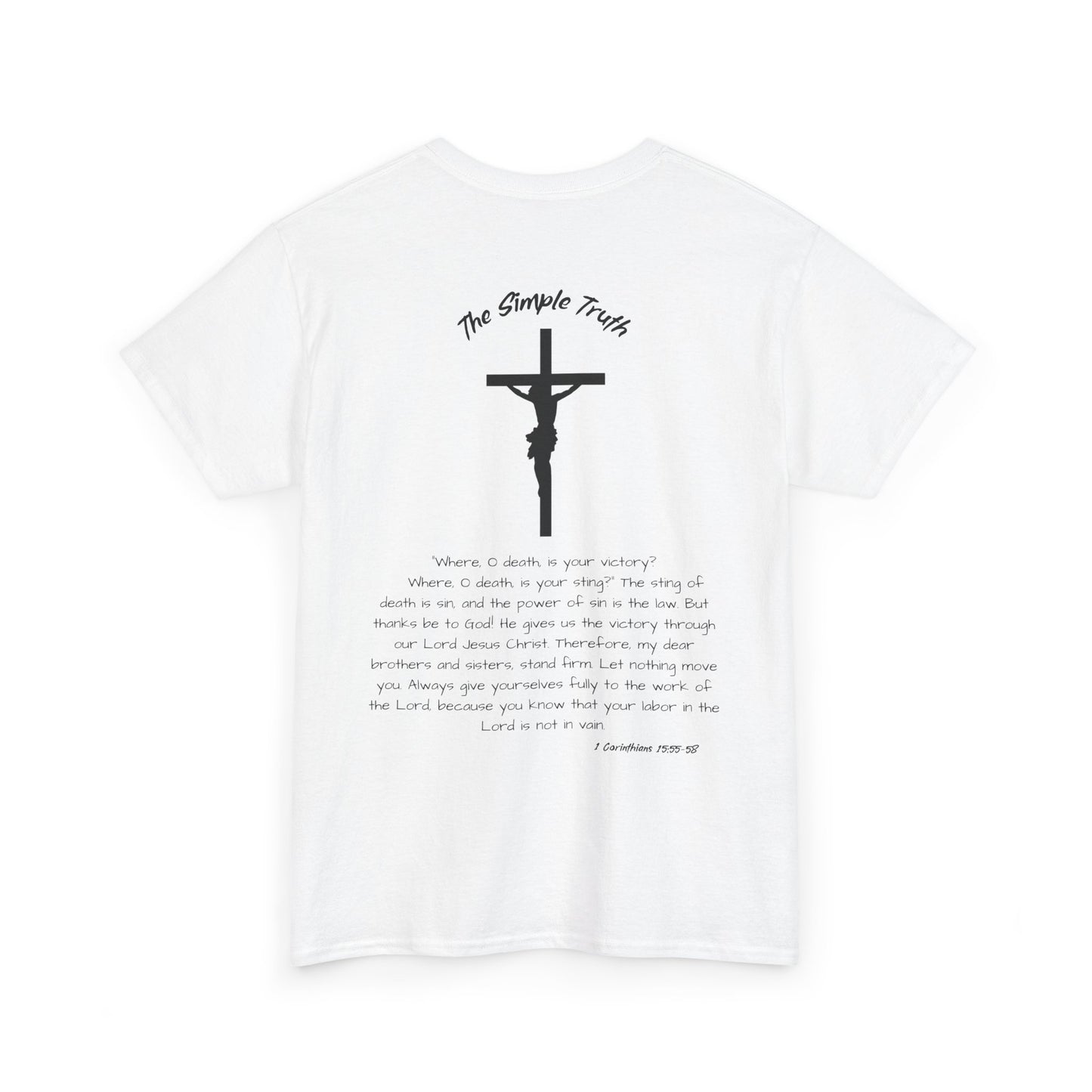 1 Corinthians 15:55-58 Black Print Bible Verse Unisex Heavy Cotton T-Shirt  - From "The Simple Truth" Collection
