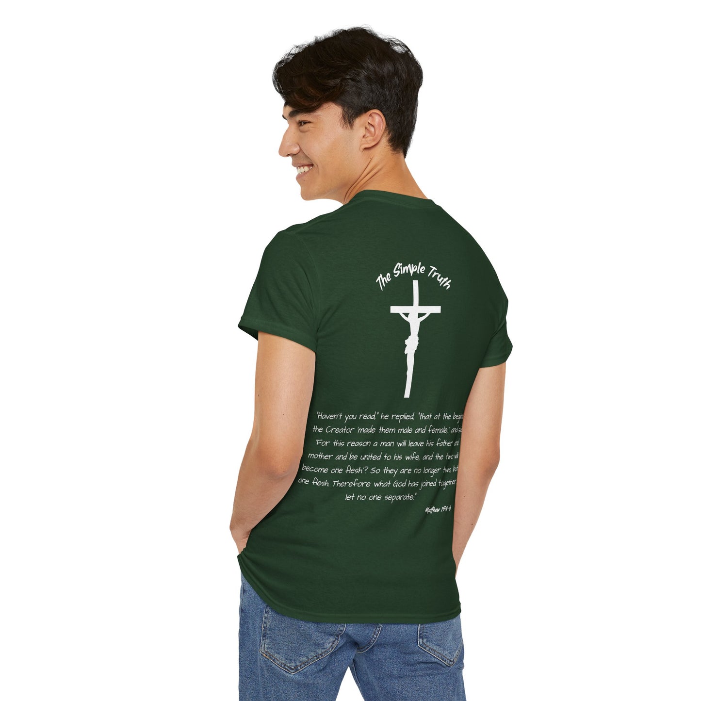 Matthew 19:4-6 White Print Bible Verse Unisex Heavy Cotton Shirt - From "The Simple Truth" Collection