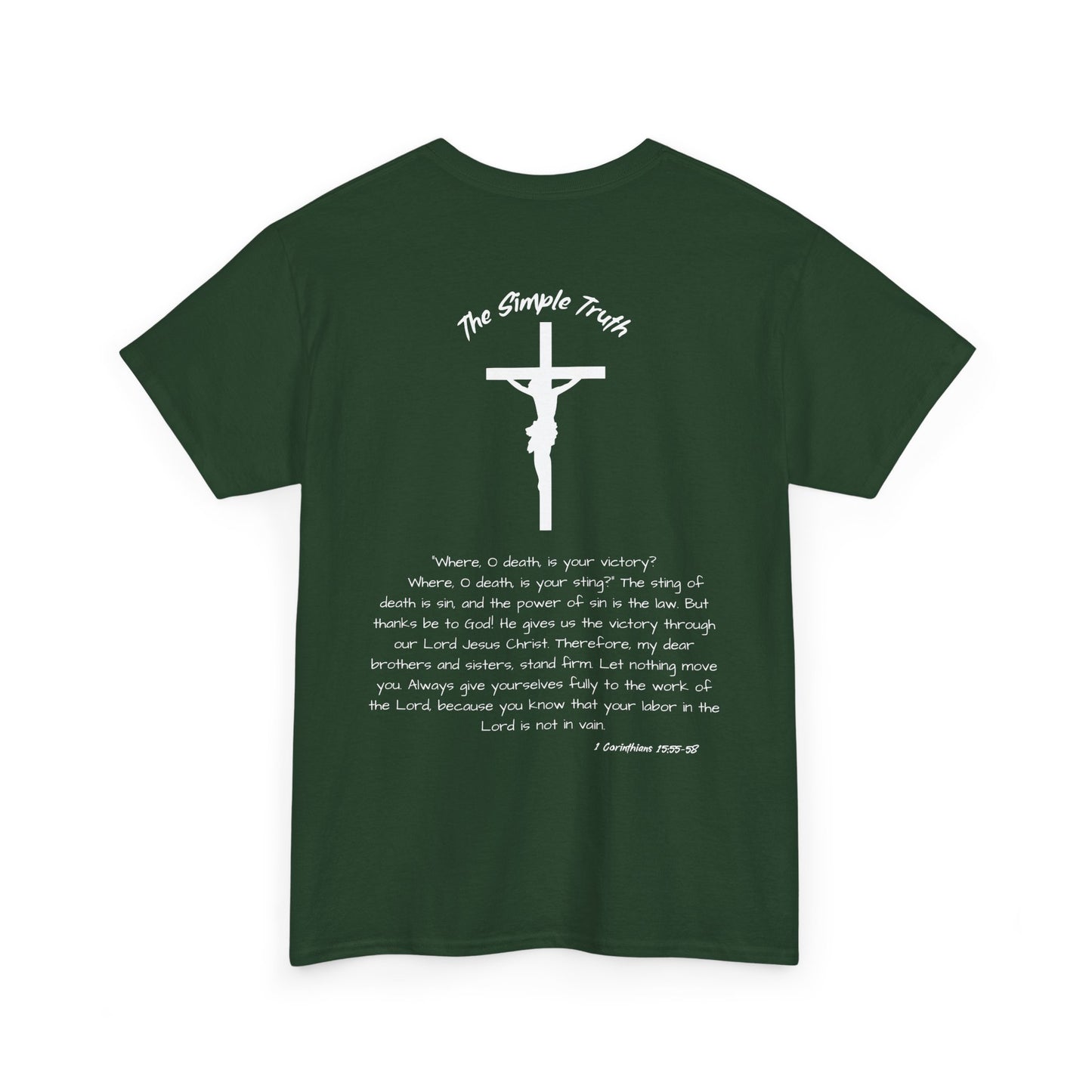 1 Corinthians 15:55-58 White Print Bible Verse Unisex Heavy Cotton Shirt - From "The Simple Truth" Collection