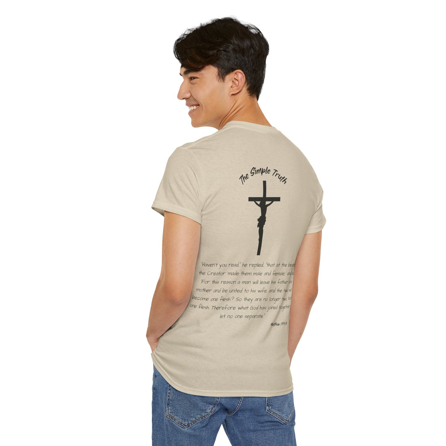 Matthew 19:4-6 Black Print Bible Verse Unisex Heavy Cotton Shirt - From "The Simple Truth" Collection