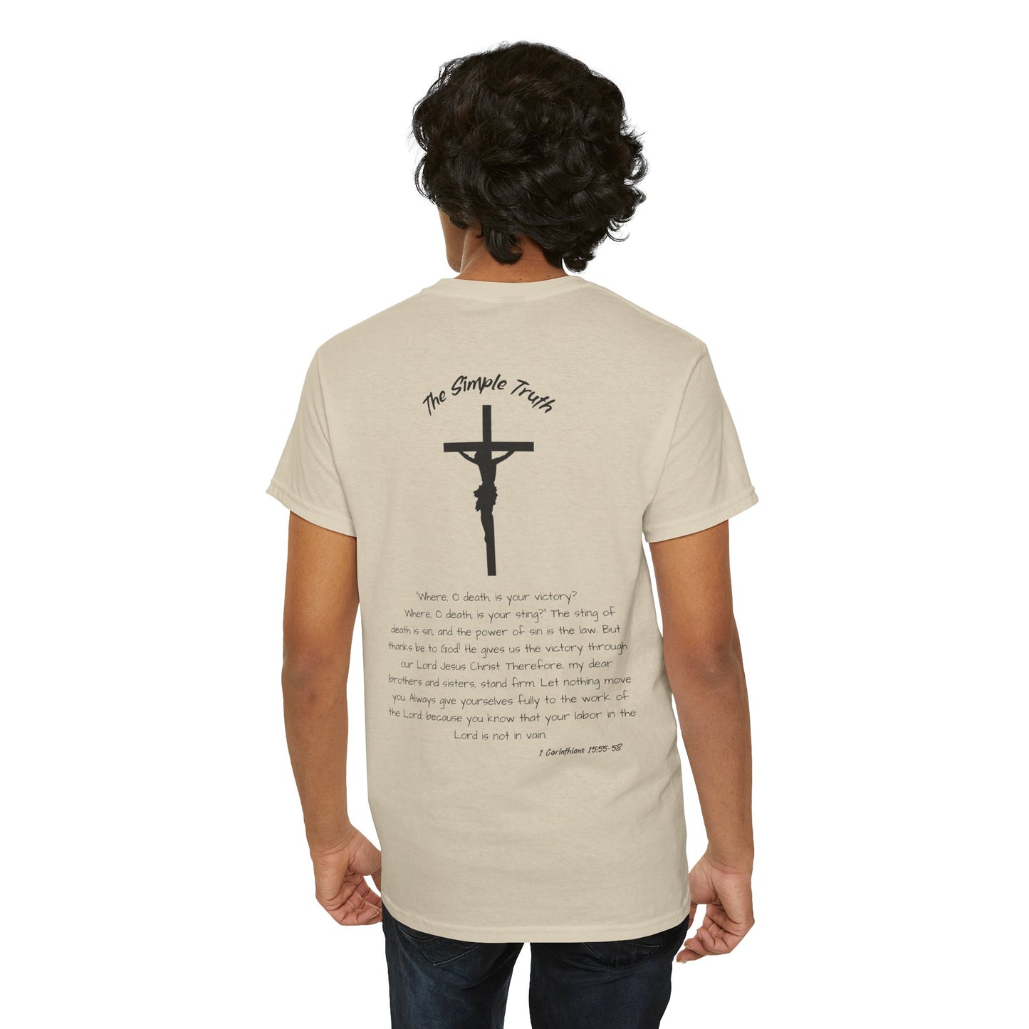 1 Corinthians 15:55-58 Black Print Bible Verse Unisex Heavy Cotton Shirt - From "The Simple Truth" Collection