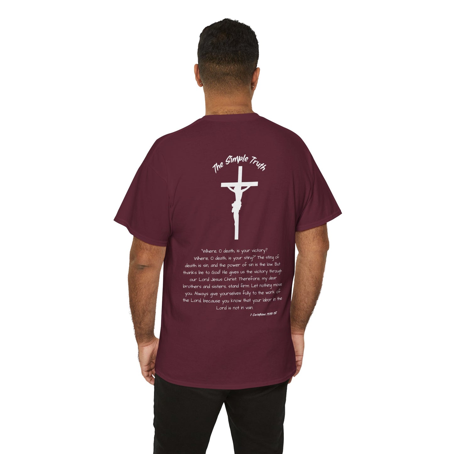 1 Corinthians 15:55-58 White Print Bible Verse Unisex Heavy Cotton Shirt - From "The Simple Truth" Collection