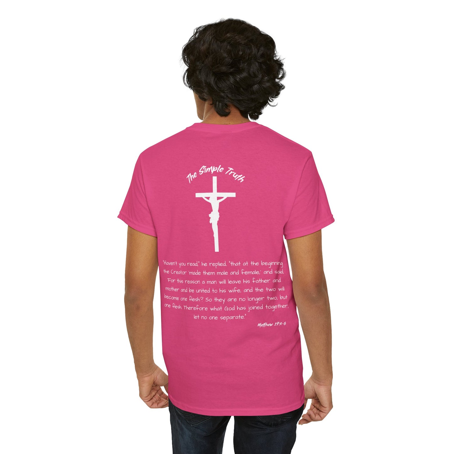 Matthew 19:4-6 White Print Bible Verse Unisex Heavy Cotton T-Shirt  - From "The Simple Truth" Collection