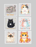 Six kawaii cat stickers with wholesome faith-inspired messages including Be Kind, Blessed and Grateful, Count Your Blessings, Feline Fine, and Grace Upon Grace