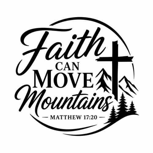 Faith Can Move Mountains Matthew 17:20 vinyl decal — black circular design with cross, mountains, and pine trees