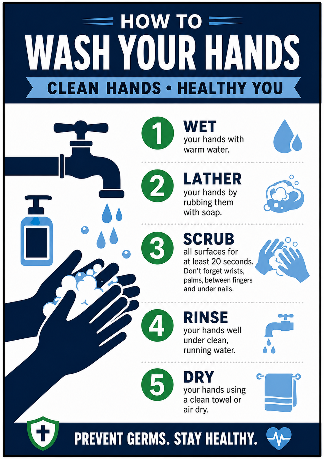 How to Wash Your Hands instructional poster — 5 step hygiene guide