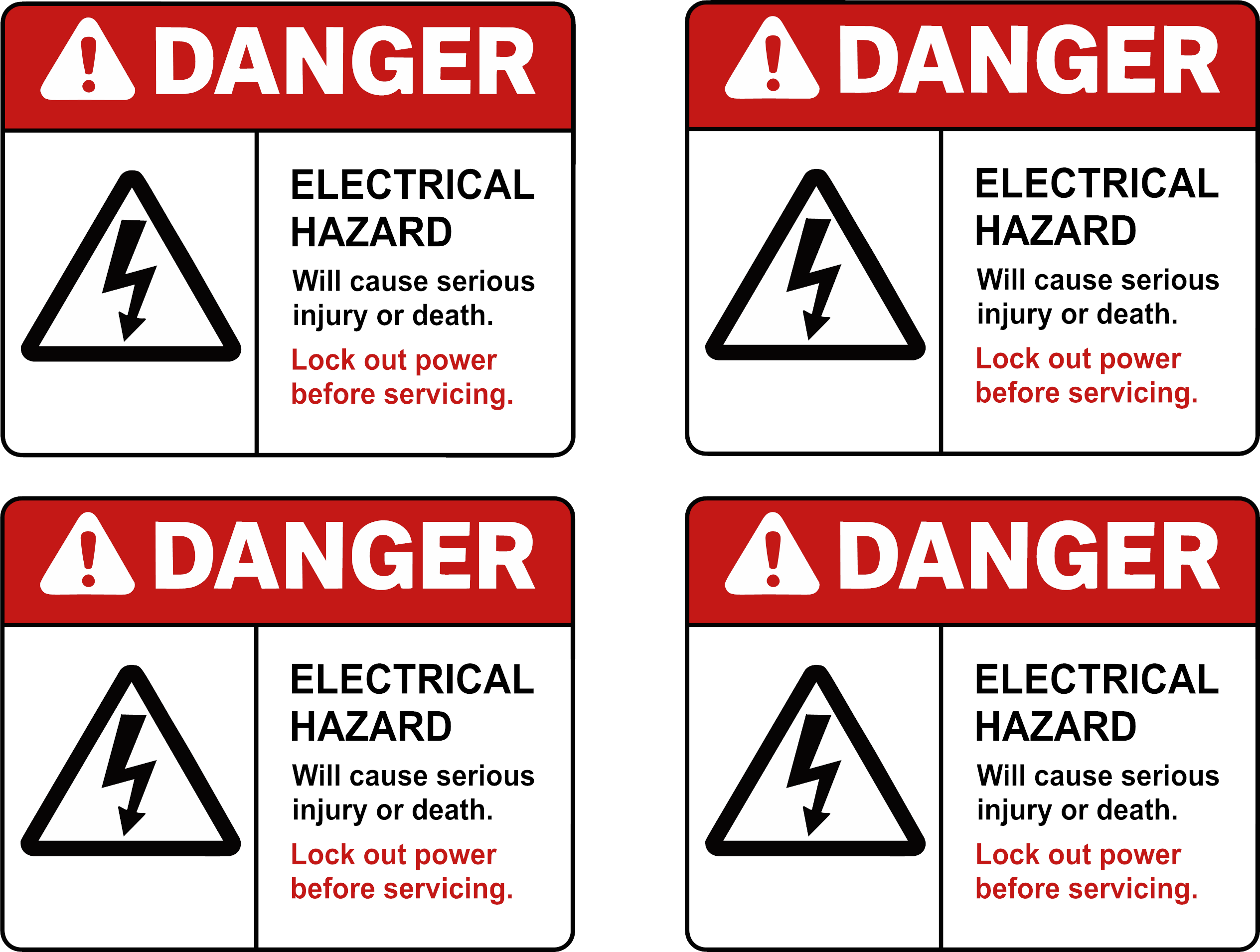 Electrical Hazard Danger Safety Sticker — 4-pack sheet