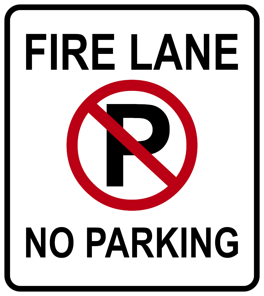 Fire Lane No Parking corrugated sign — symbol style with red circle slash and black P