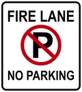 Fire Lane No Parking corrugated sign — symbol style with red circle slash and black P
