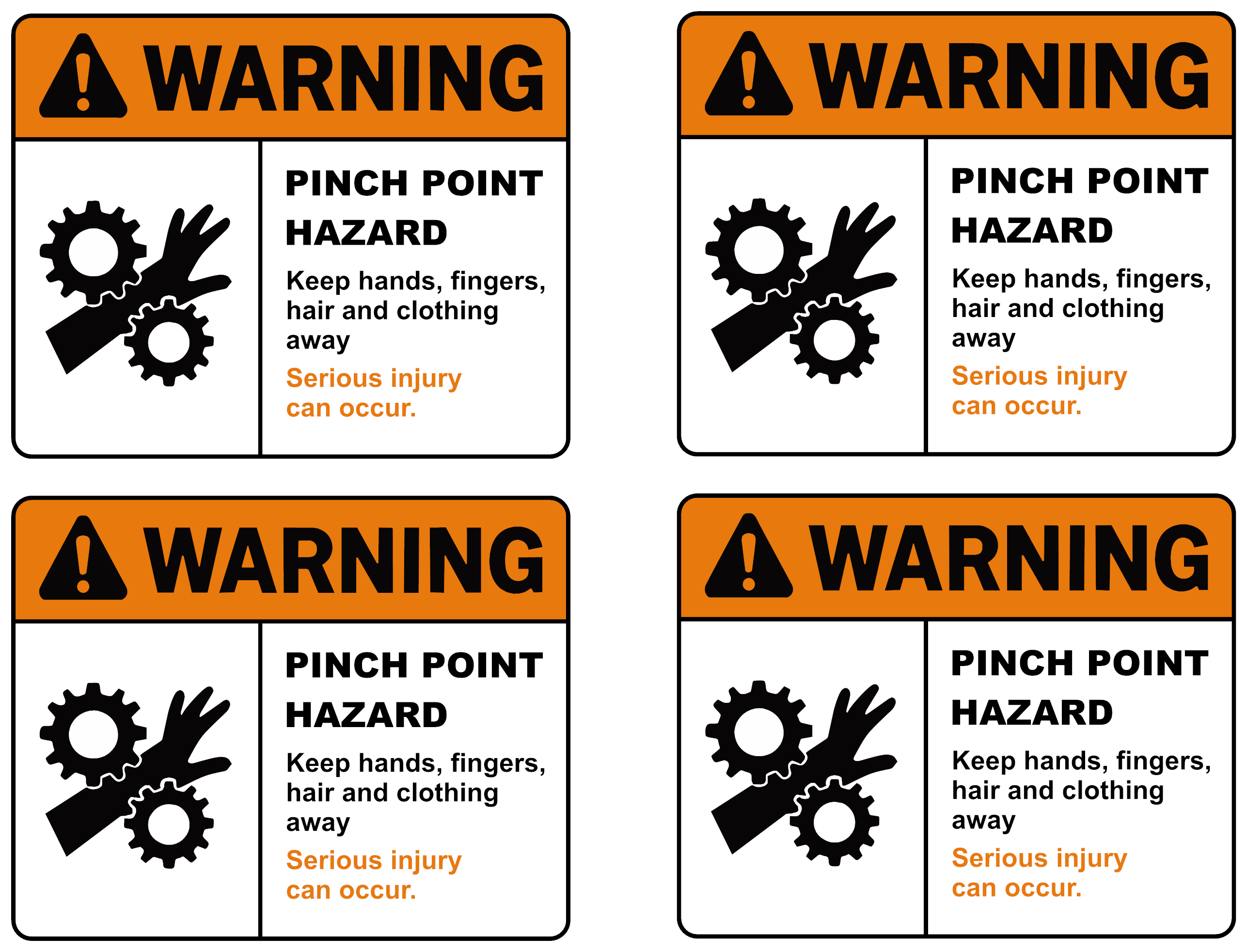 Warning Pinch Point Hazard laminated vinyl safety sticker sheet showing 4 labels