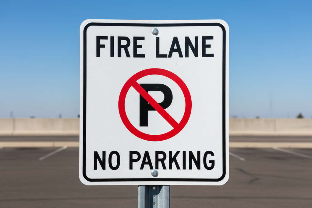 Fire Lane No Parking corrugated sign — symbol style with red circle slash over black P