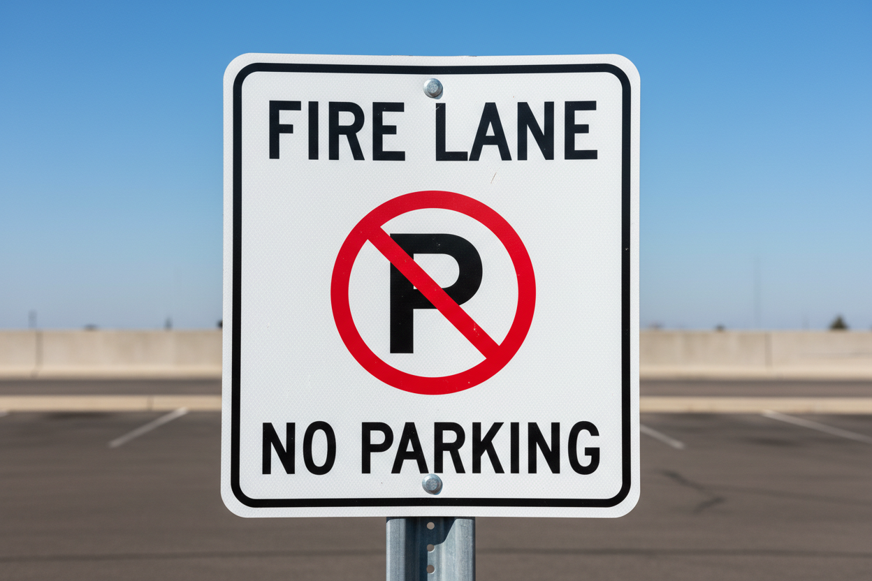 Fire Lane No Parking corrugated sign — symbol style with red circle slash over black P