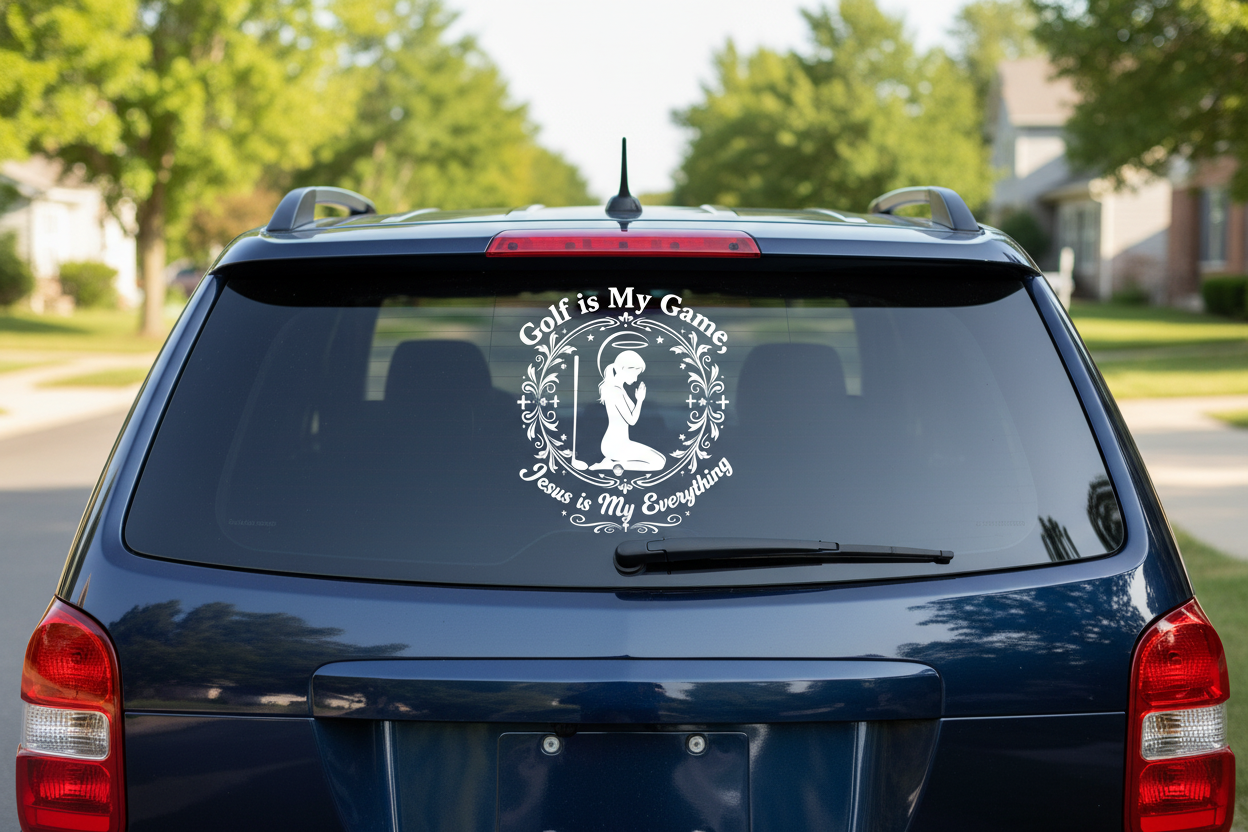 White vinyl decal on dark vehicle rear window showing praying woman golfer silhouette with Golf is My Game Jesus is My Everything text
