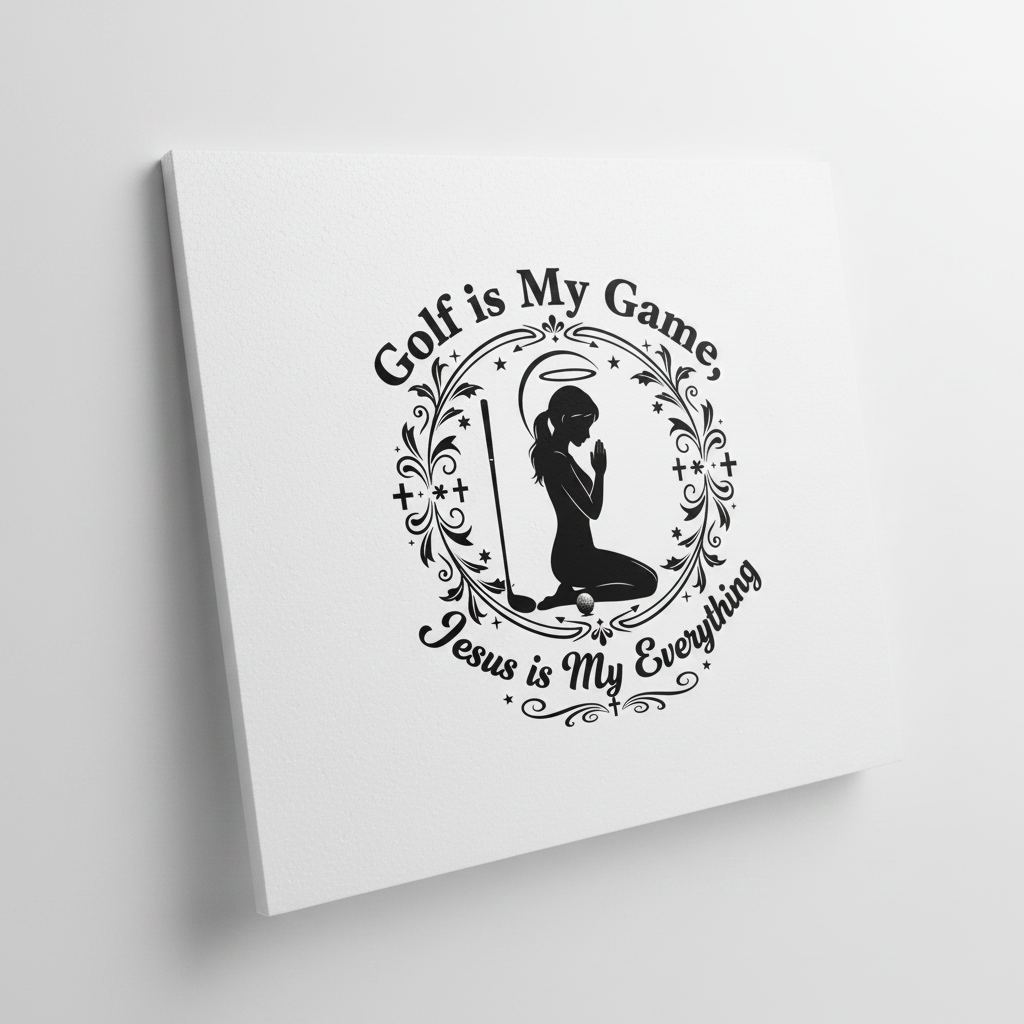 Black vinyl decal on white display board showing praying woman golfer silhouette with Golf is My Game Jesus is My Everything text