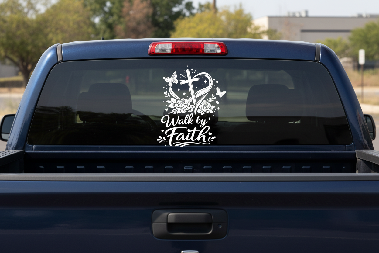 Walk by Faith white vinyl decal on pickup truck back window