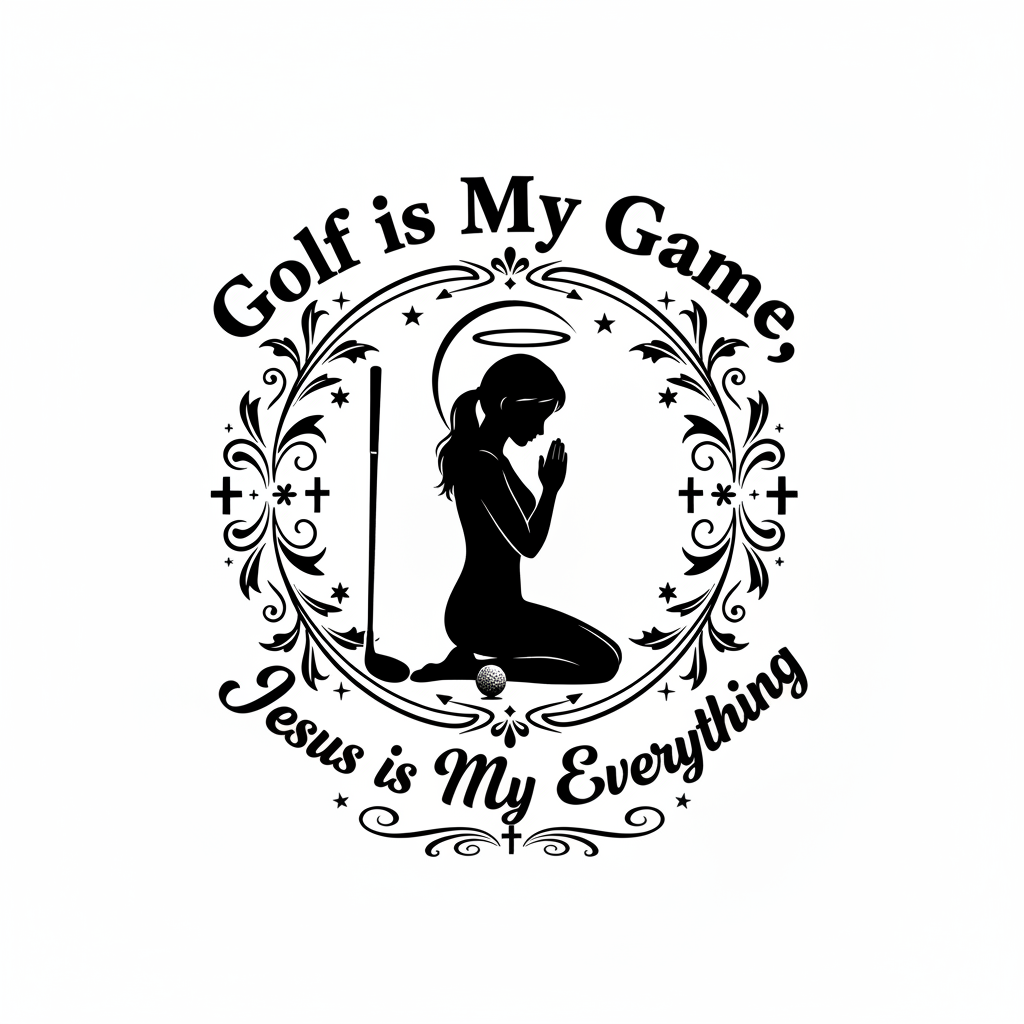 Black vinyl decal featuring praying woman golfer silhouette with text Golf is My Game Jesus is My Everything