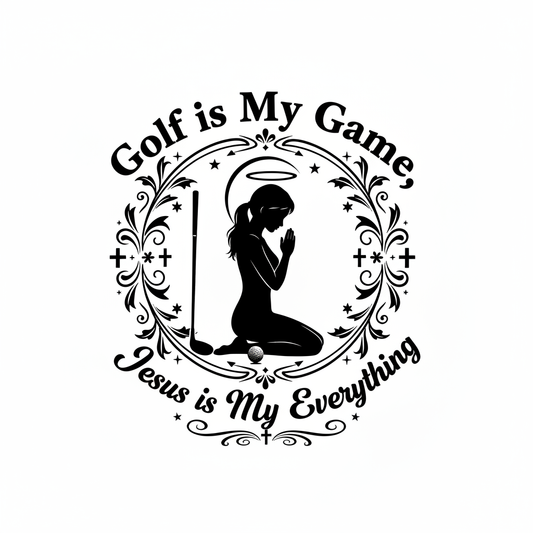 Black vinyl decal featuring praying woman golfer silhouette with text Golf is My Game Jesus is My Everything