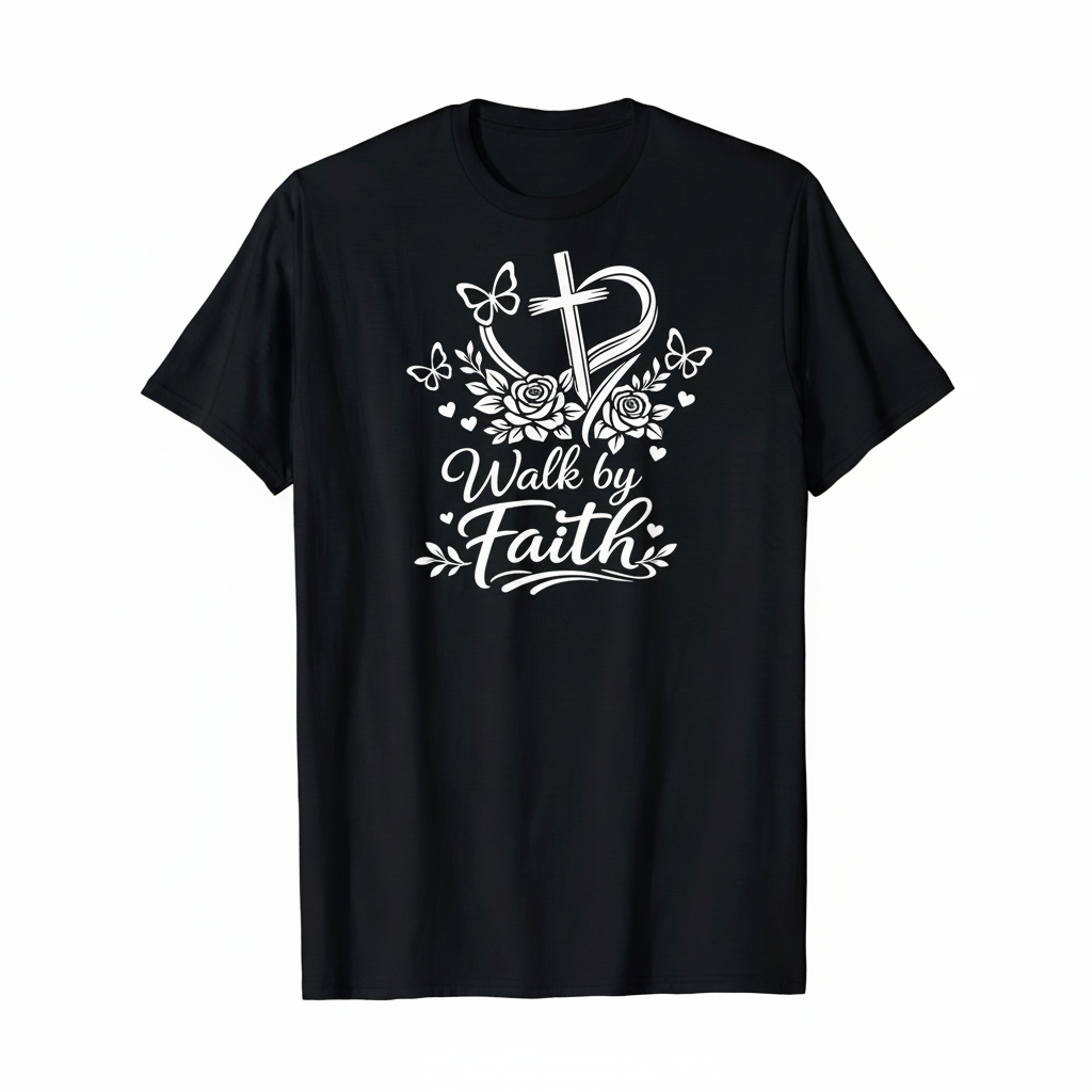 Walk by Faith HTV t-shirt in black, square catalog image