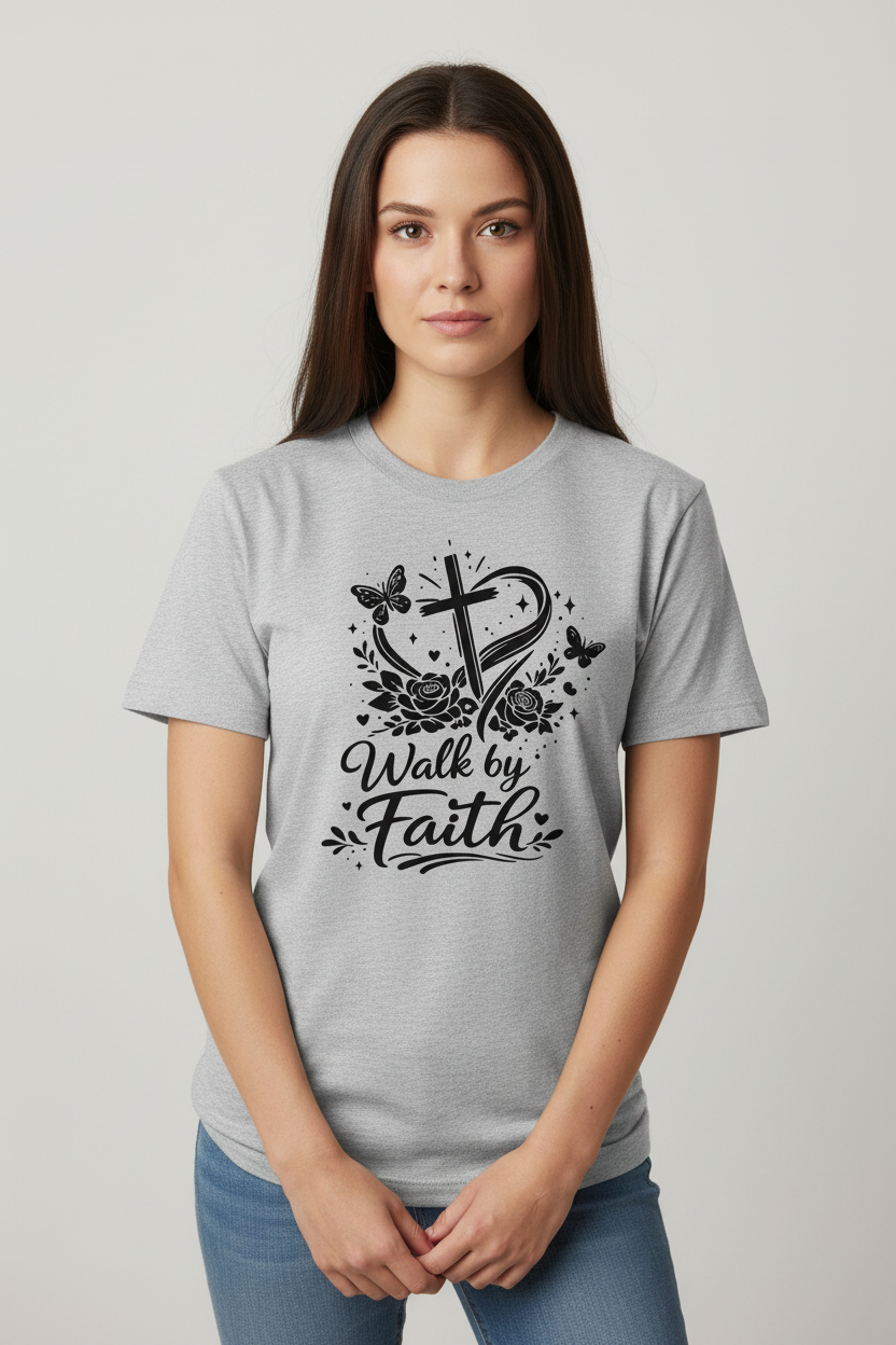 Walk by Faith Gildan 5000 t-shirt in Sport Grey with black HTV decal - cross heart roses butterflies
