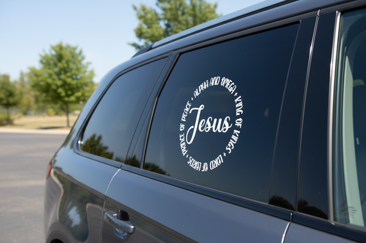 Names of God white vinyl decal on dark SUV side window