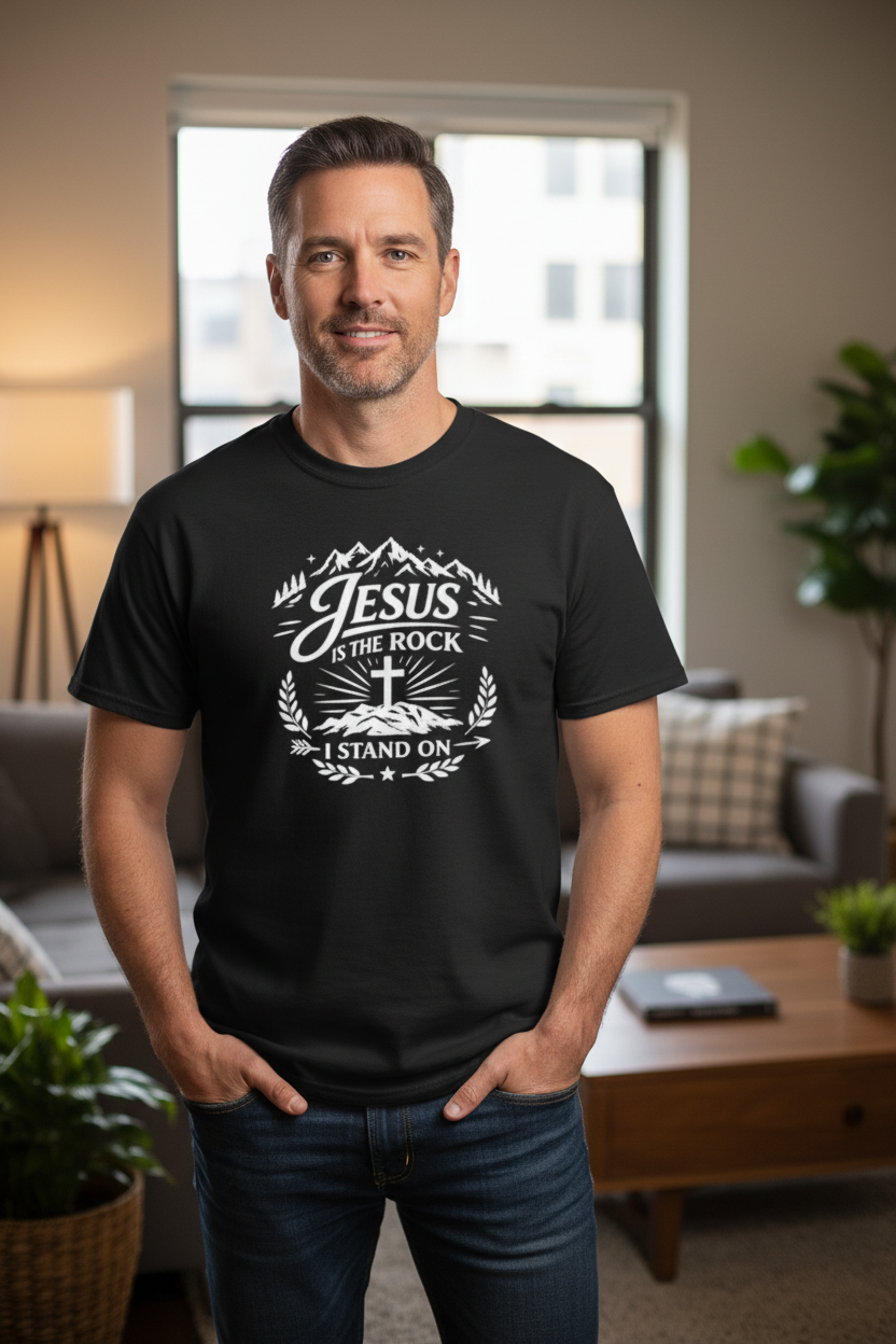Standing on the Rock Christian t-shirt in Black with white HTV decal - Jesus Is The Rock I Stand On