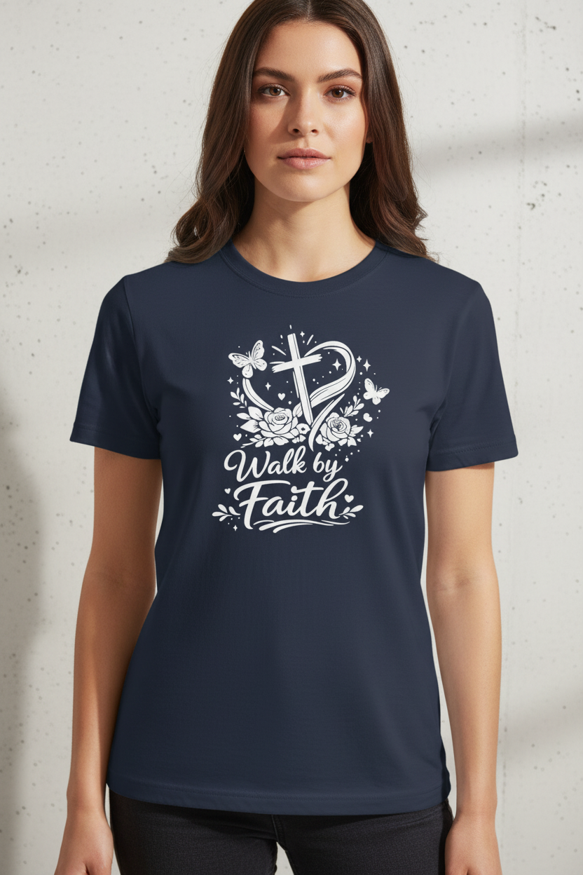 Walk by Faith Gildan 5000 t-shirt in Navy with white HTV decal - cross heart roses butterflies