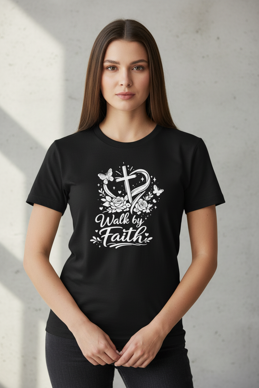Walk by Faith Gildan 5000 t-shirt in Black with white HTV decal - cross heart roses butterflies