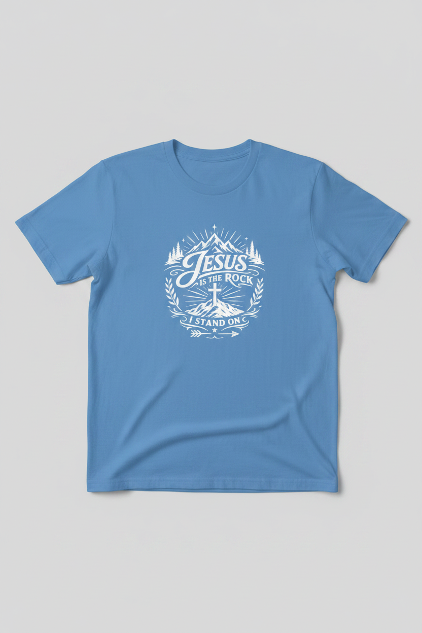 Jesus Is The Rock — White Decal on Carolina Blue Gildan 5000