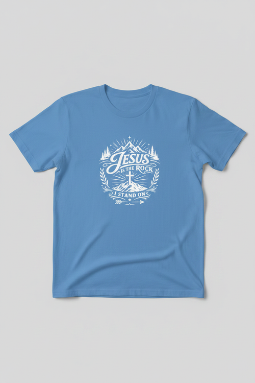 Jesus Is The Rock — White Decal on Carolina Blue Gildan 5000