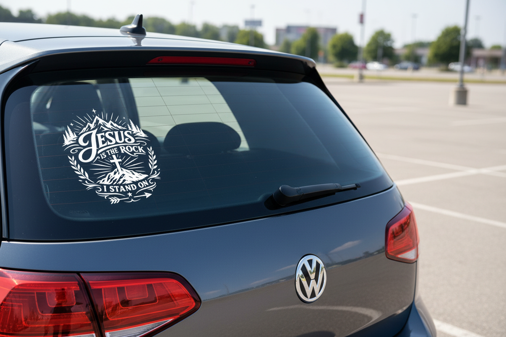 Jesus Is The Rock — White Decal on Hatchback Rear Glass