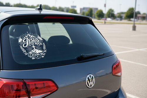 Jesus Is The Rock — White Decal on Hatchback Rear Glass