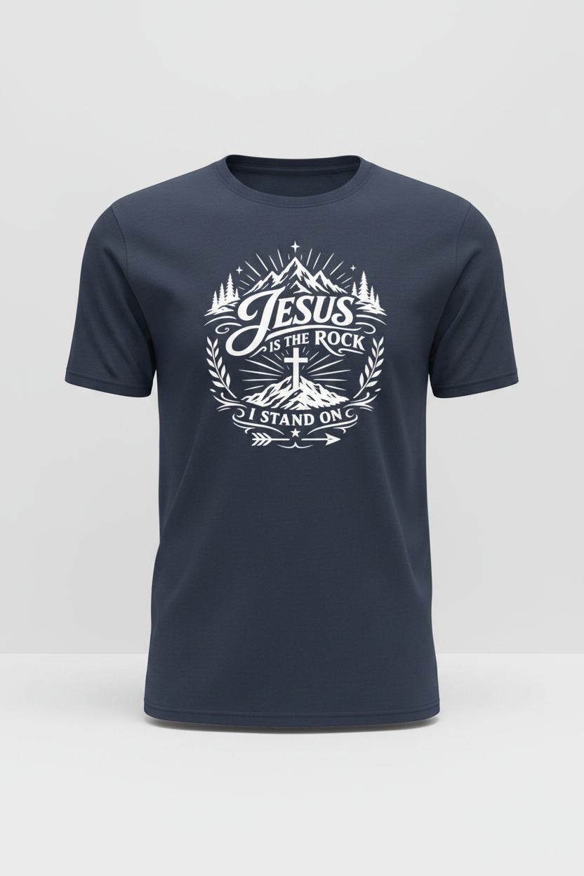 Jesus Is The Rock — White Decal on Navy Gildan 5000