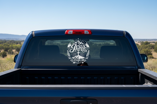 Jesus Is The Rock — White Decal on Truck Back Window